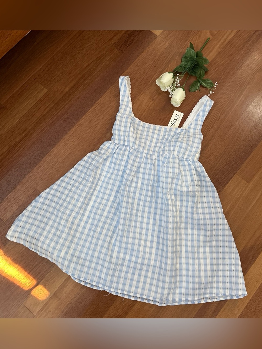 Trixxi Light Blue and White Gingham Tie-Front Sundress